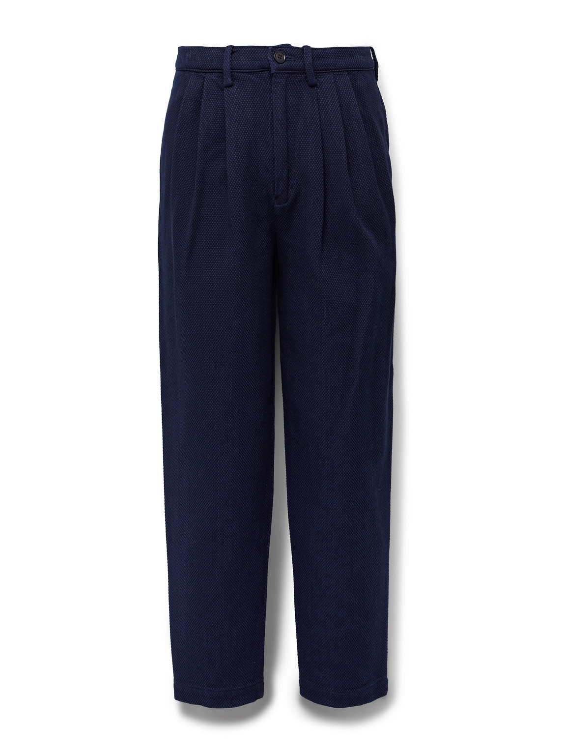 Tapered Pleated Indigo-Dyed Sashiko Cotton Trousers