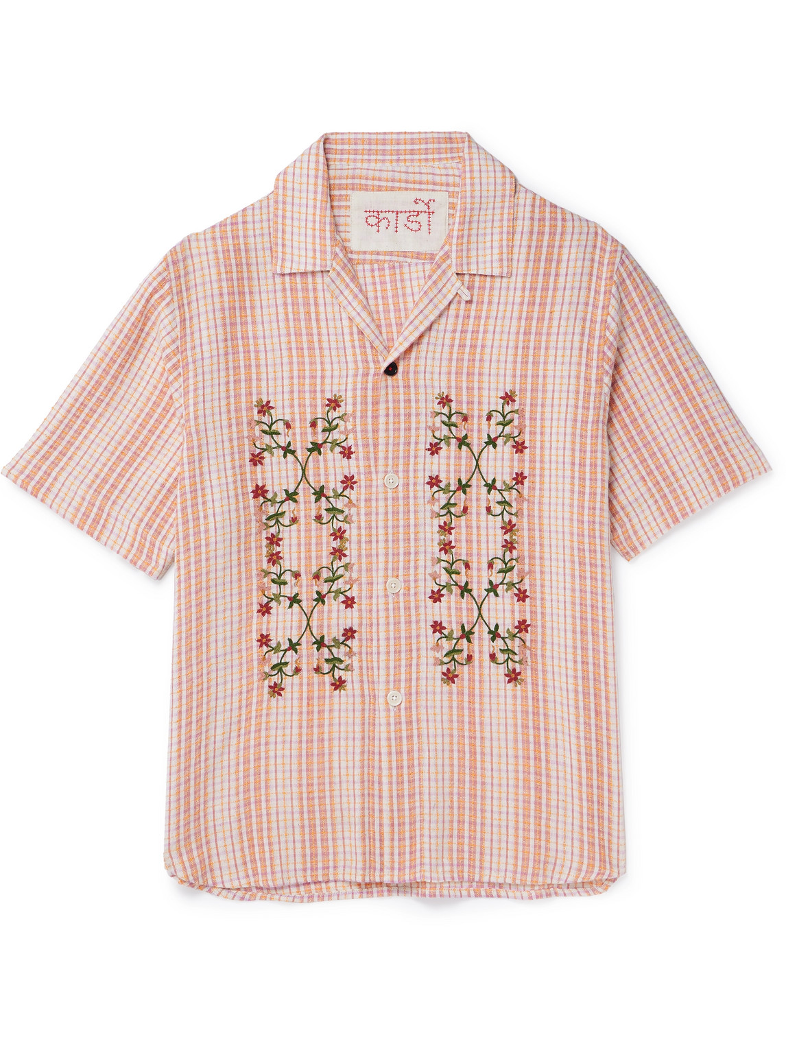 Kardo Craft Ronen Convertible-collar Embroidered Gingham Cotton Shirt In Pink