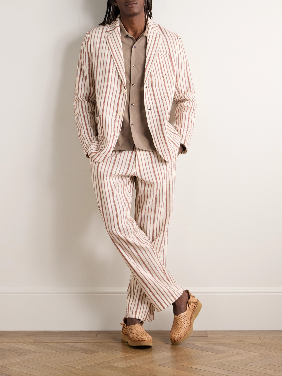 Shop Kardo Hugh Embroidered Striped Cotton Suit Jacket In Neutrals