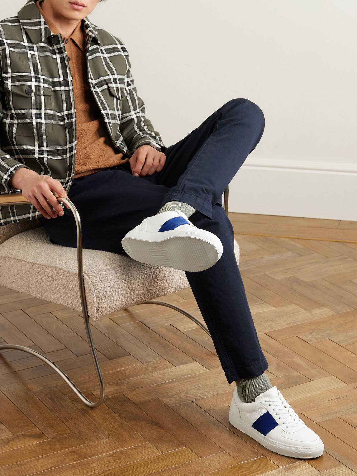 Shop Mr P Larry Pebble-grain Leather And Suede Sneakers In White