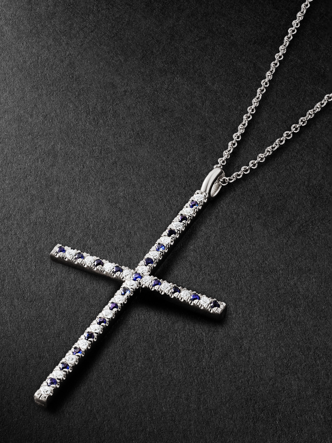 Shop Ileana Makri Stripe Cross White Gold, Diamond And Sapphire Pendant Necklace In Silver