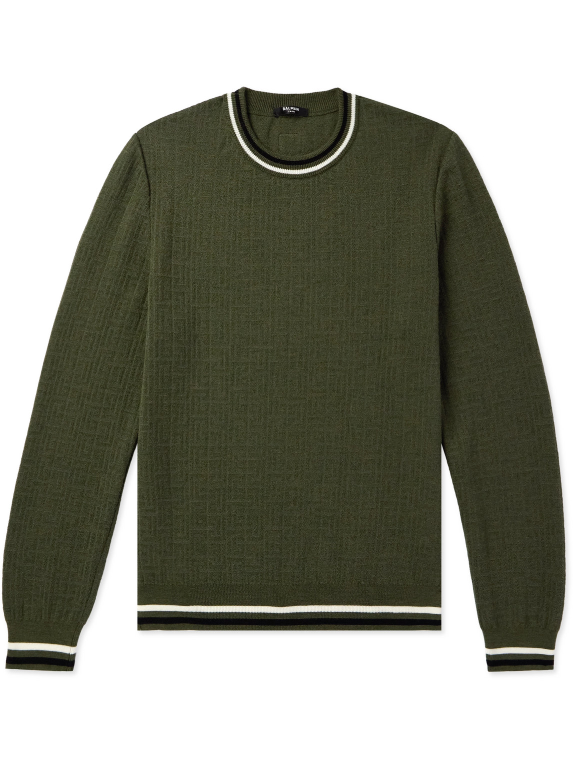 Balmain Monogrammed Merino Wool-blend Sweater In Green