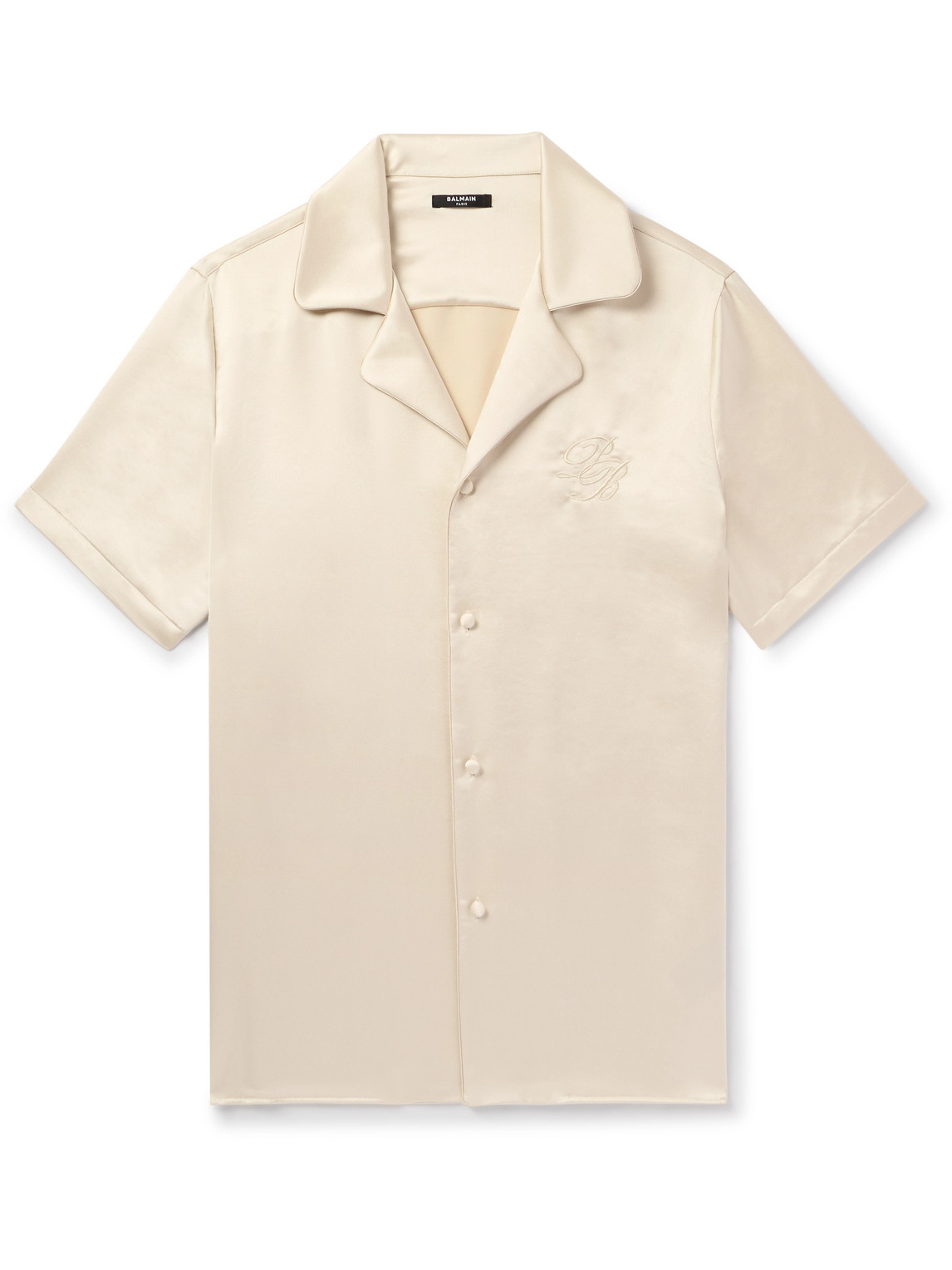 Balmain Camp-collar Logo-embroidered Satin Shirt In Neutrals
