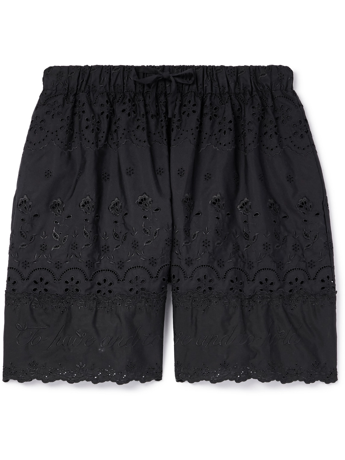 Shop Simone Rocha Wide-leg Broderie Anglaise Cotton-poplin Drawstring Shorts In Black