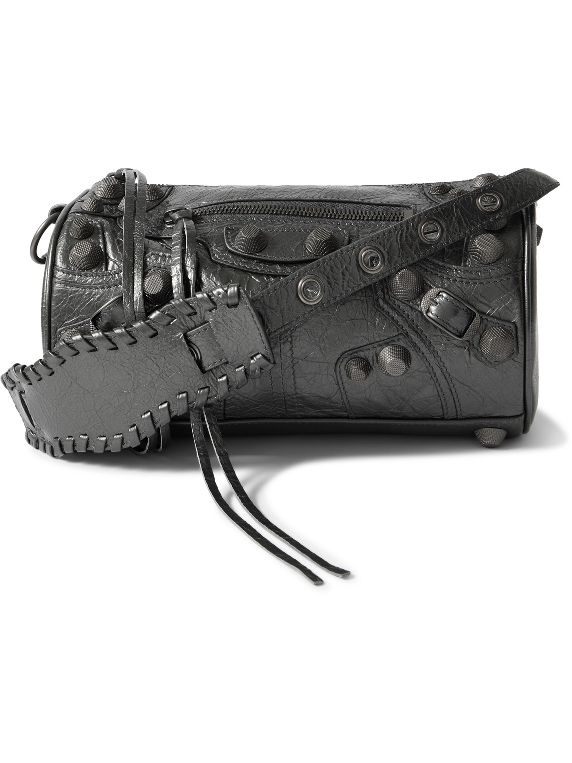Balenciaga Le Cagole Studded Metallic Crinkled-leather Messenger Bag In Grey