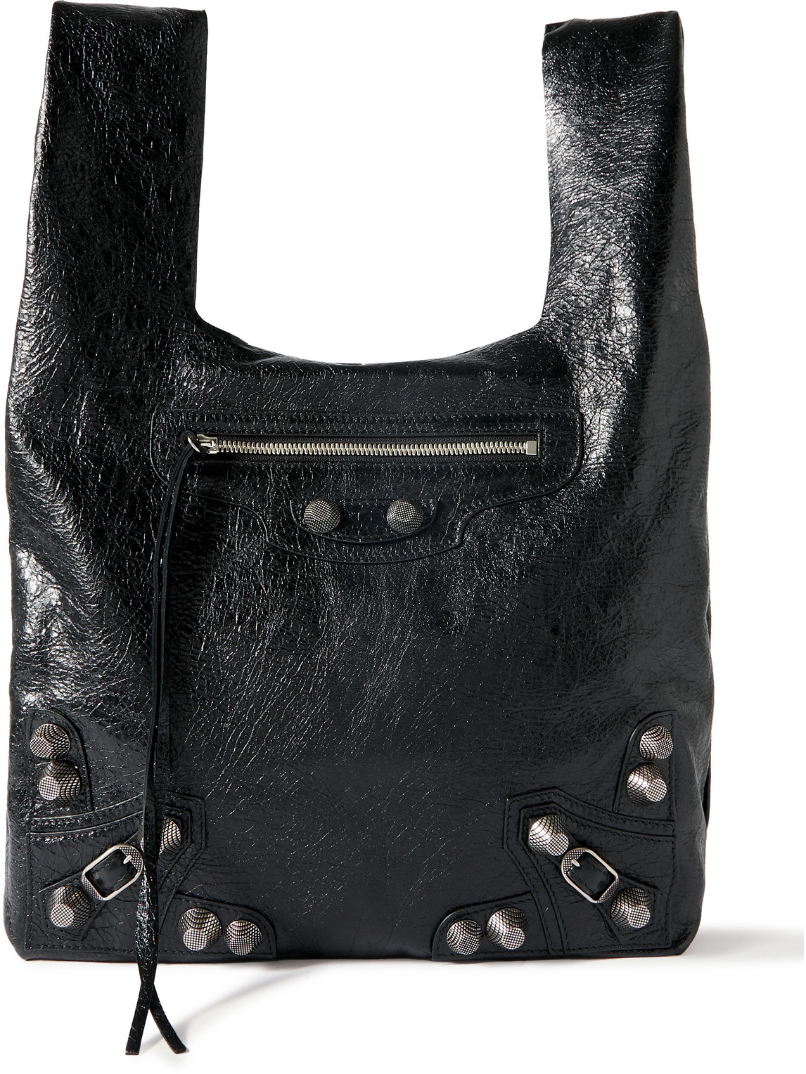 Balenciaga Le Cagole Studded Cracked-leather Tote Bag In Black