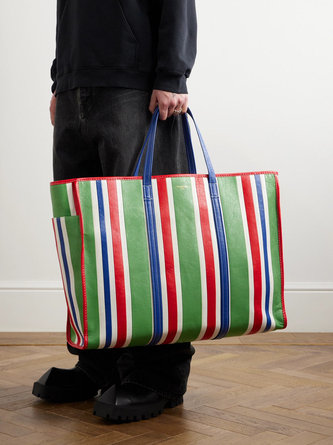Balenciaga Chatelet Logo-print Striped Leather Tote Bag In Green