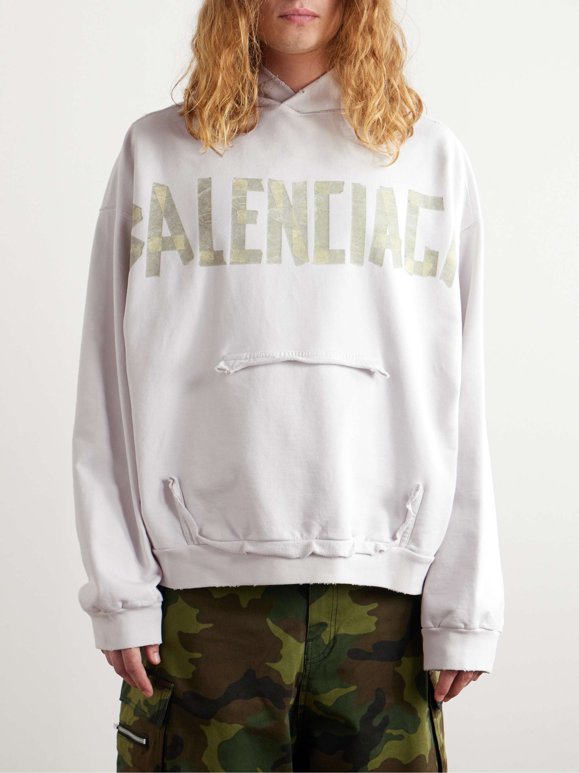 BALENCIAGA Oversized Distressed Logo-Print Cotton-Jersey Hoodie for Men ...