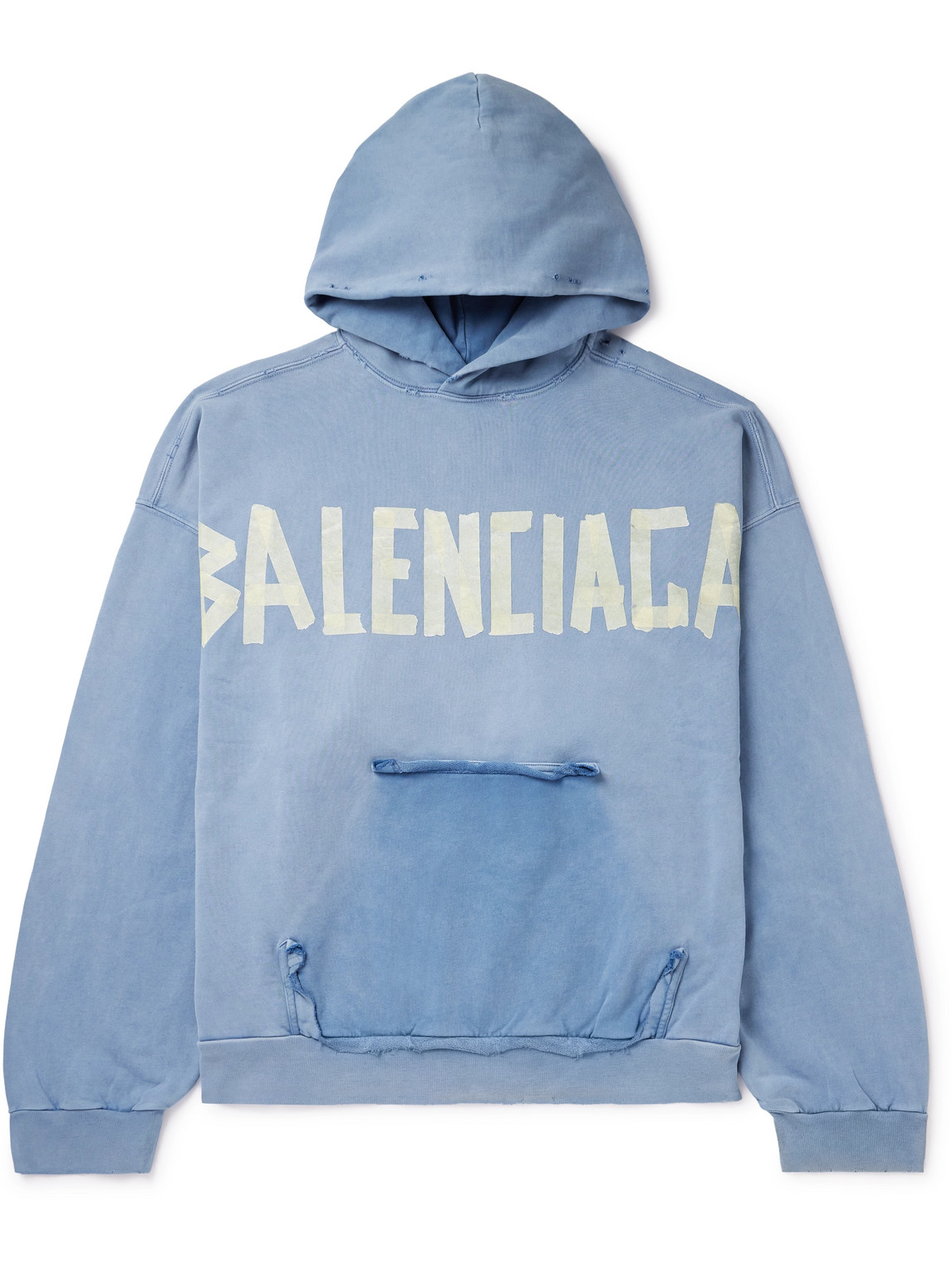 Balenciaga Oversized Distressed Logo-print Cotton-jersey Hoodie In Blue