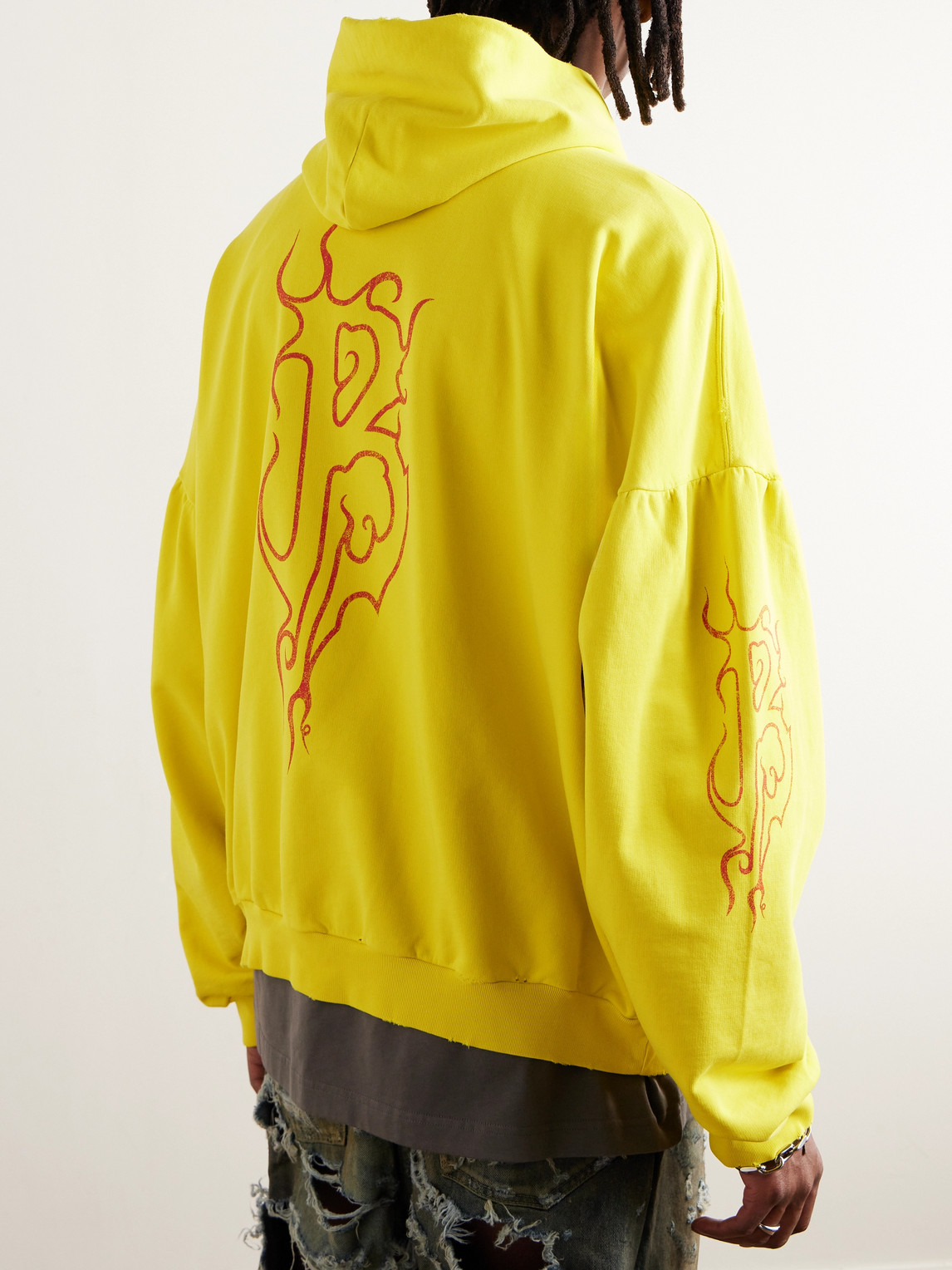 Shop Balenciaga Oversized Printed Cotton-jersey Hoodie In Yellow