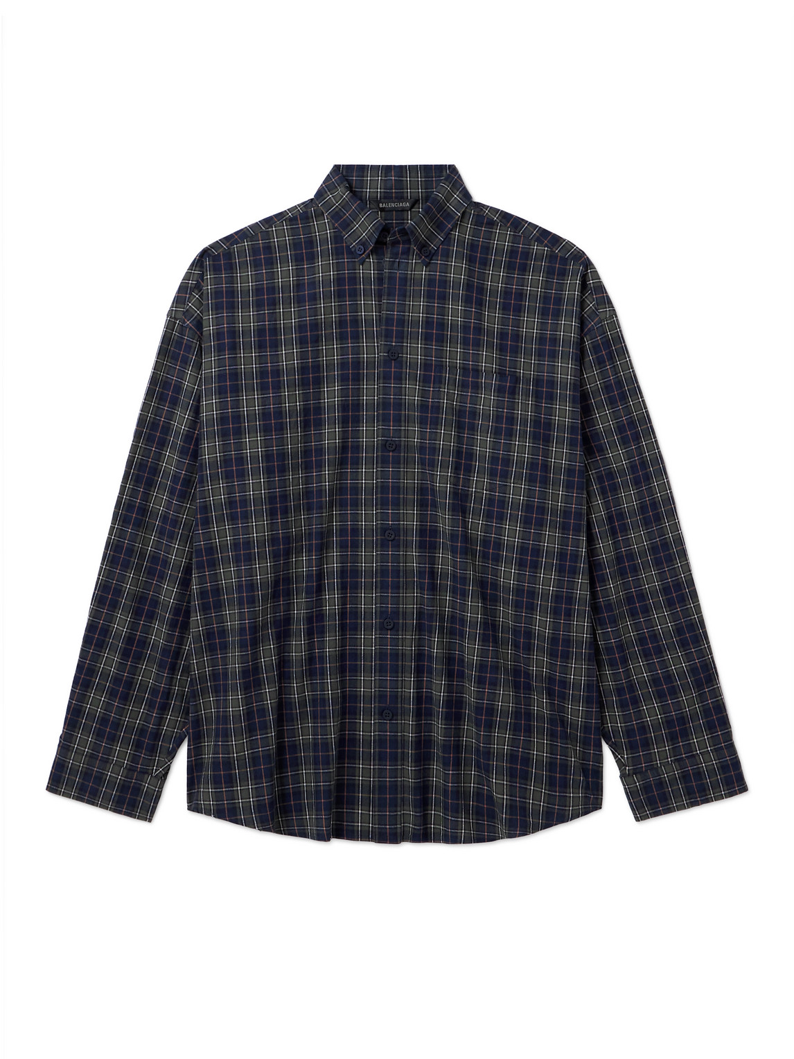 Balenciaga Oversized Button-down Collar Logo-print Checked Cotton-flannel Shirt In Blue