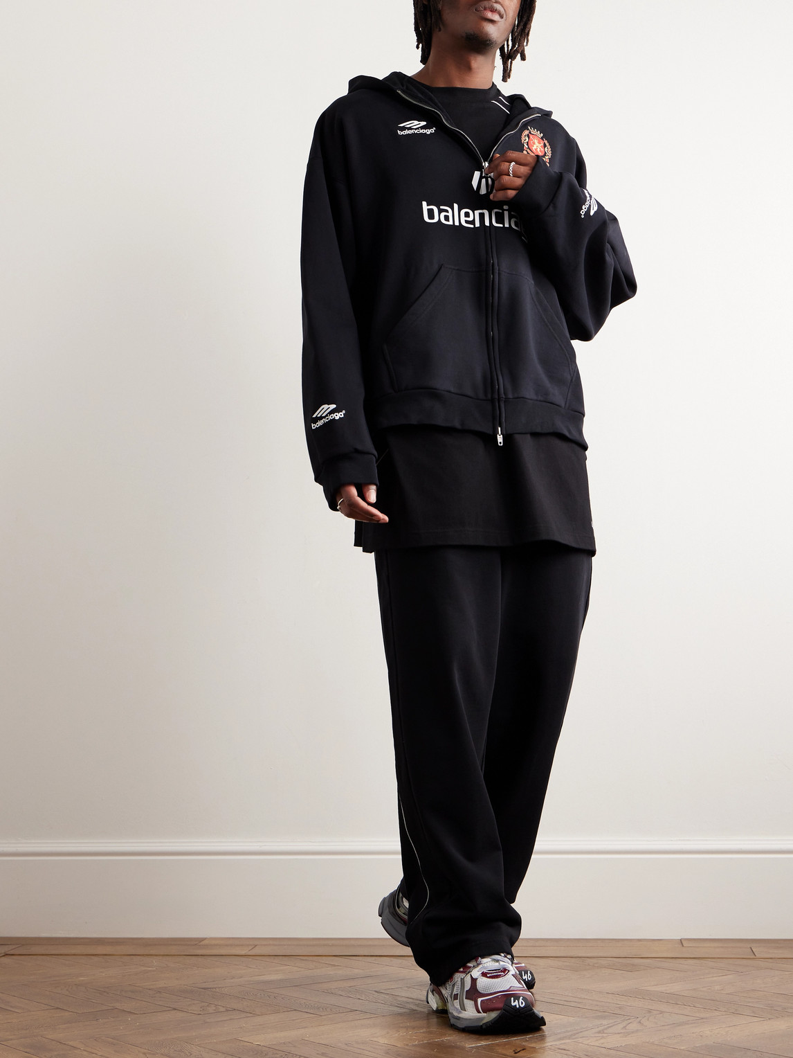 Shop Balenciaga 2024 Soccer Oversized Logo-detailed Cotton-jersey Zip-up Hoodie In Black