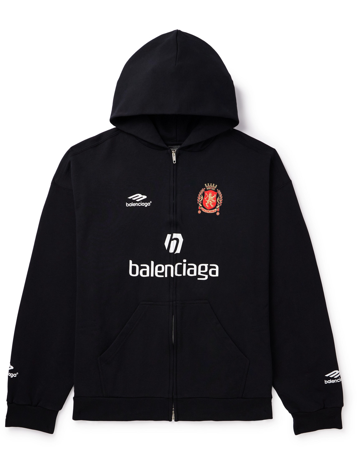 Shop Balenciaga 2024 Soccer Oversized Logo-detailed Cotton-jersey Zip-up Hoodie In Black