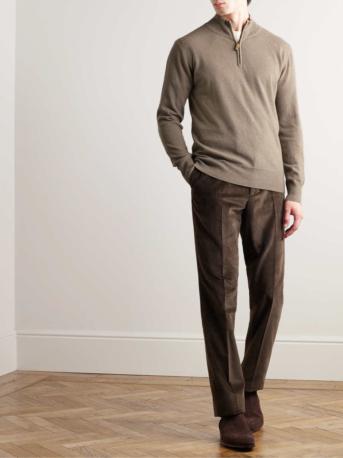 Shop Kingsman Wade Merino Wool And Cashmere-blend Half-zip Sweater In Neutrals