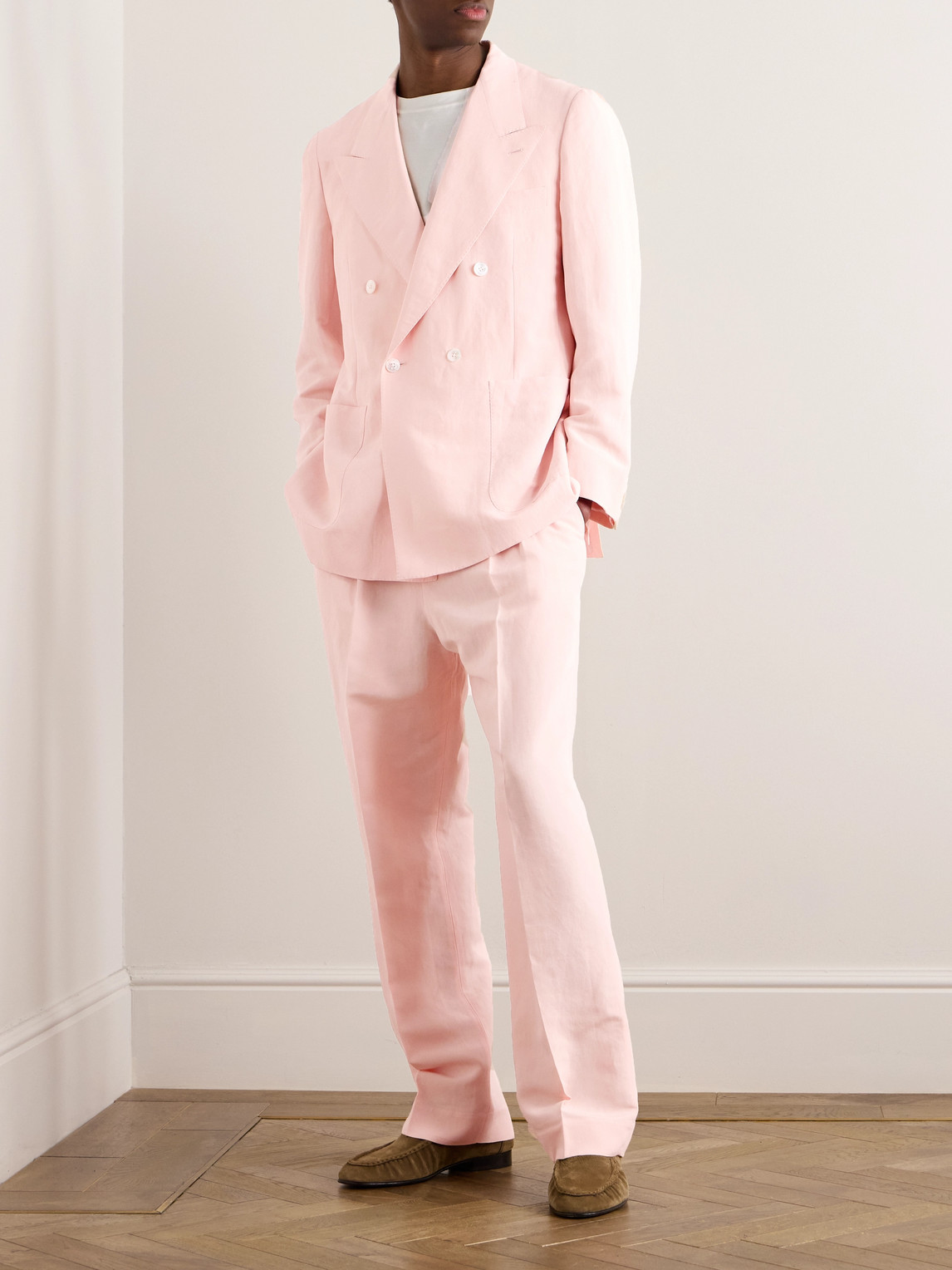 Shop Umit Benan B+ Double-breasted Linen And Silk-blend Suit Jacket In Pink