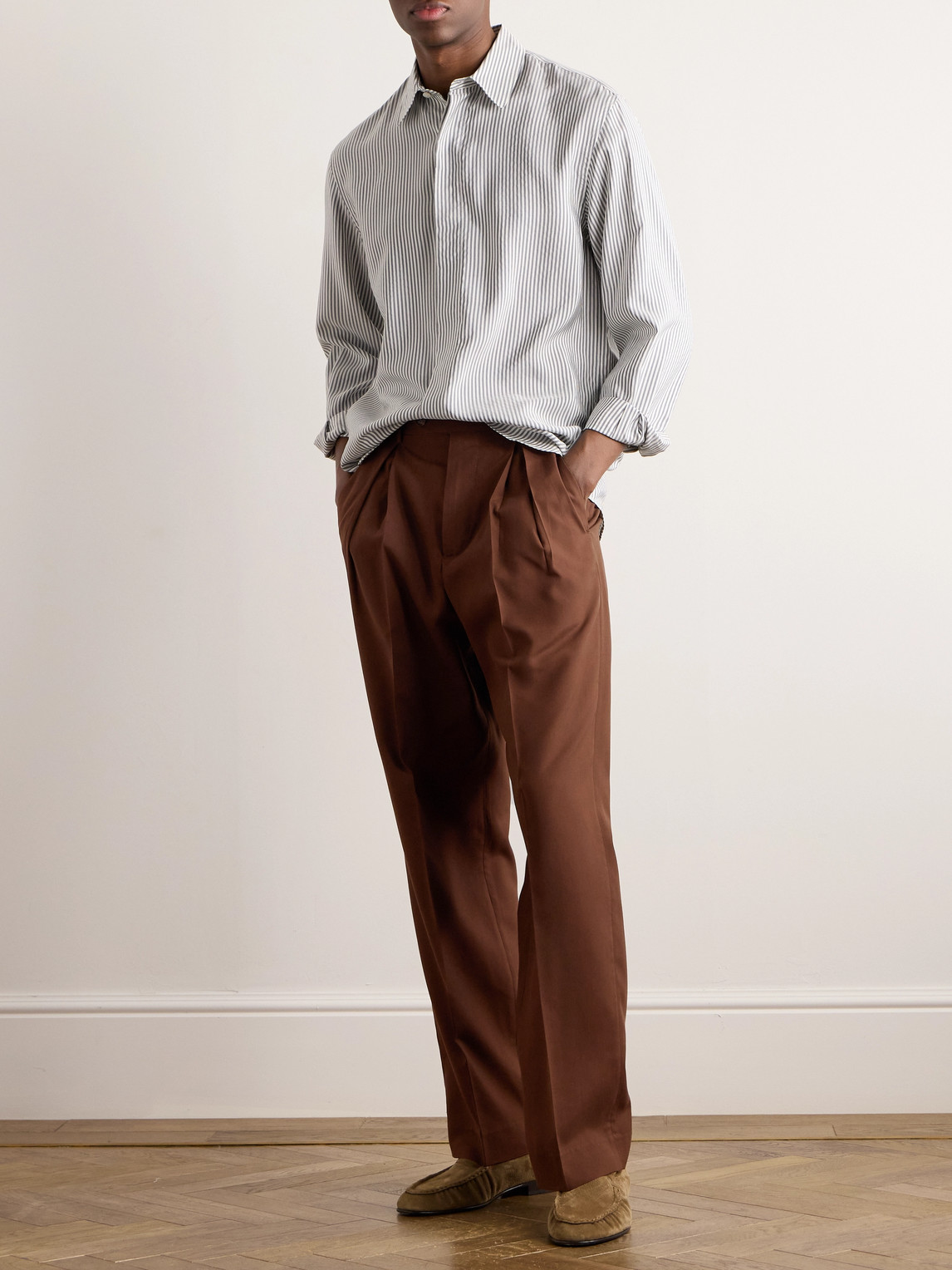 Shop Umit Benan B+ Pleated Silk Trousers In Brown