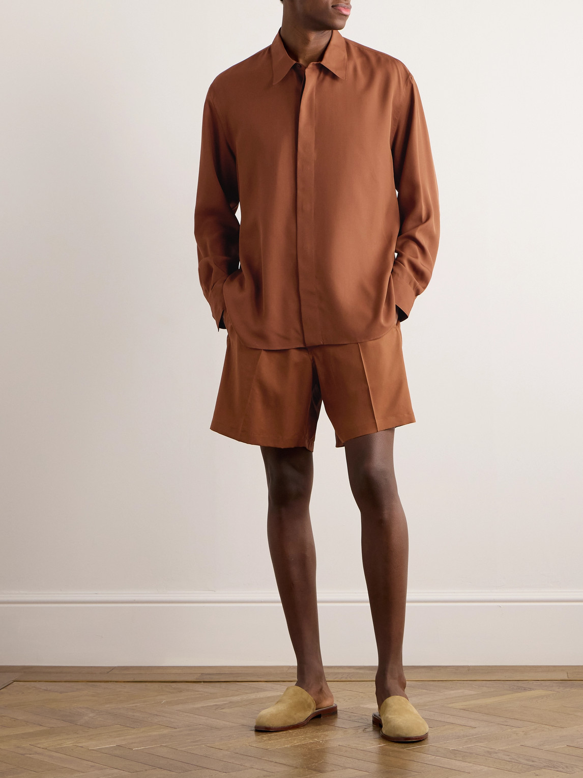Shop Umit Benan B+ Julian Straight-leg Silk Drawstring Shorts In Brown