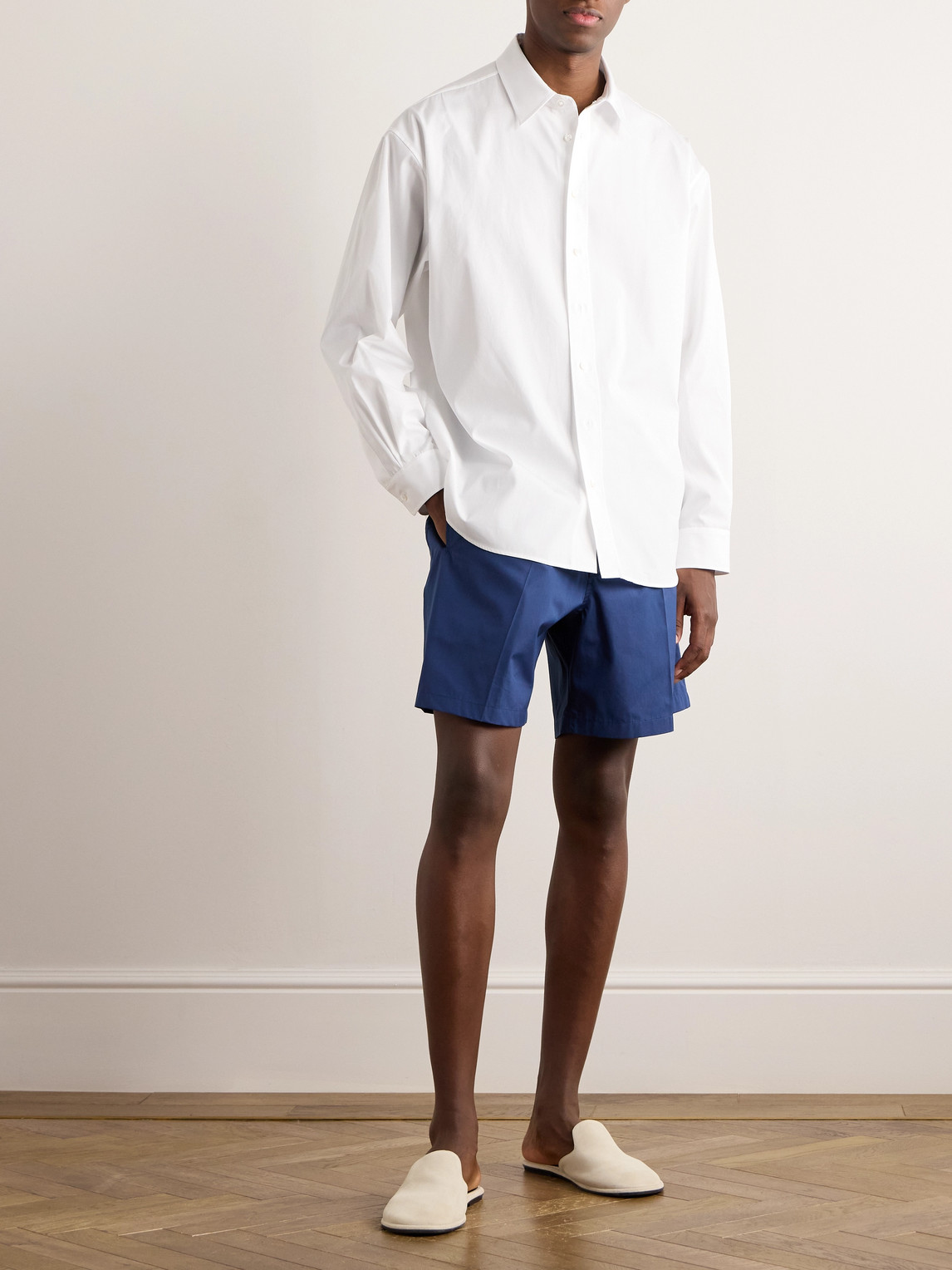 Shop Umit Benan B+ Julian Straight-leg Cotton-poplin Drawstring Shorts In Blue