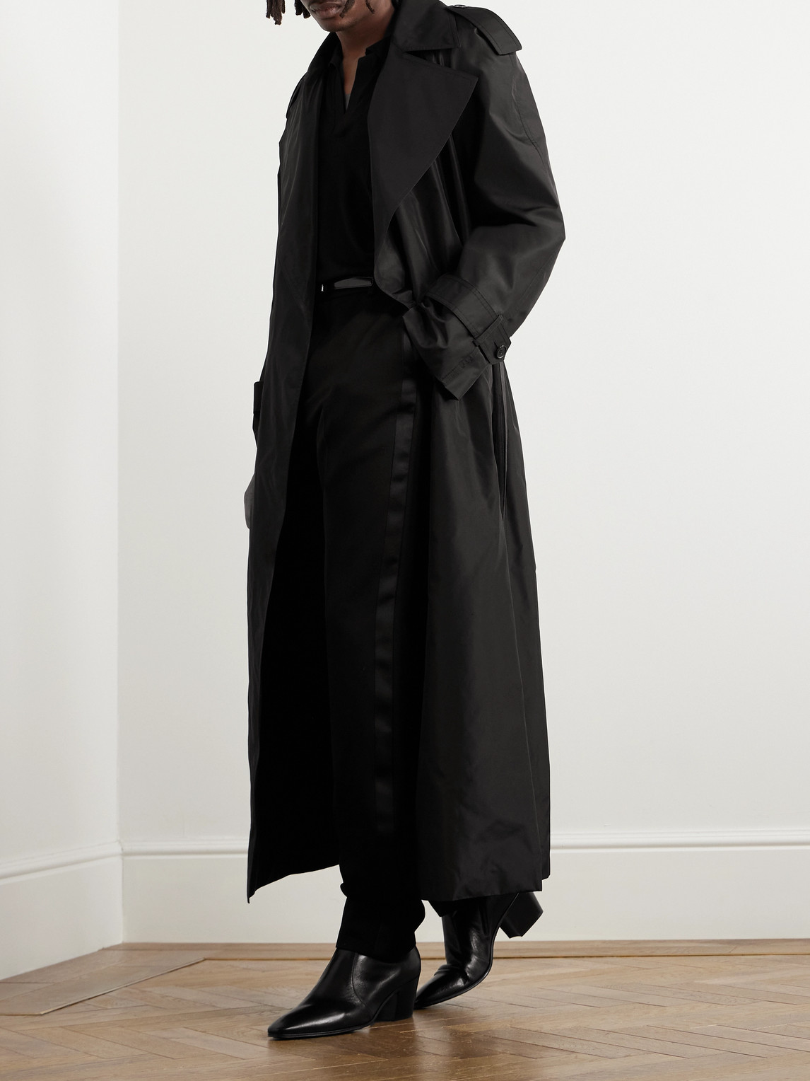 Shop Saint Laurent Belted Silk-satin Trench Coat In Black