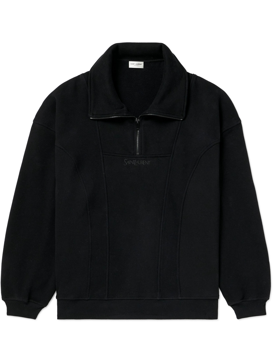 Shop Saint Laurent Logo-embroidered Cotton-jersey Half-zip Sweatshirt In Black