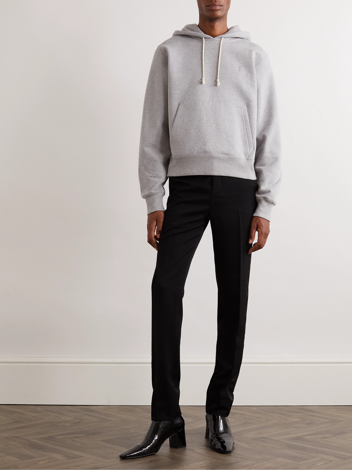 Shop Saint Laurent Logo-embroidered Cotton-jersey Hoodie In Gray