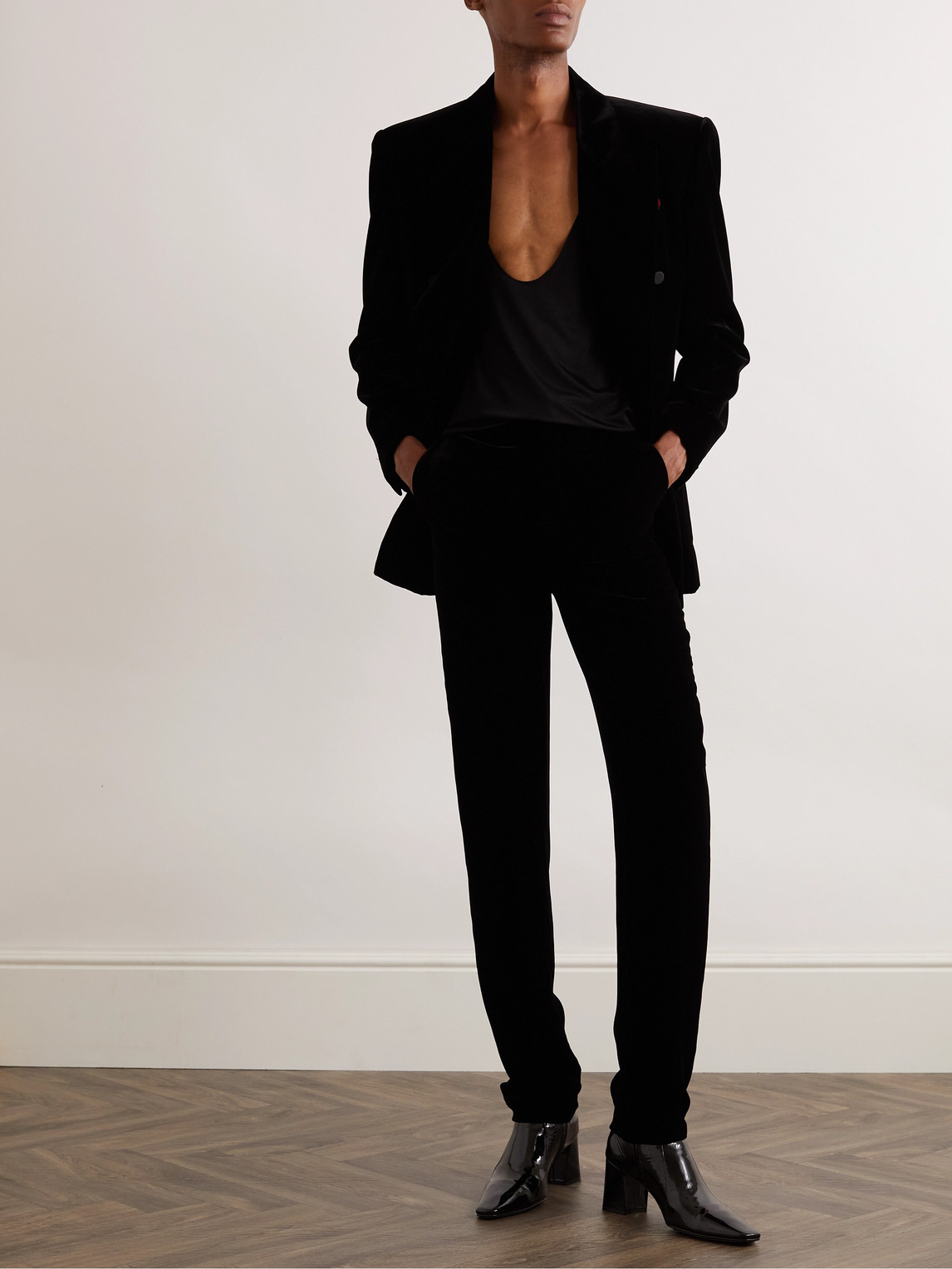 Shop Saint Laurent Straight-leg Velvet Suit Trousers In Black