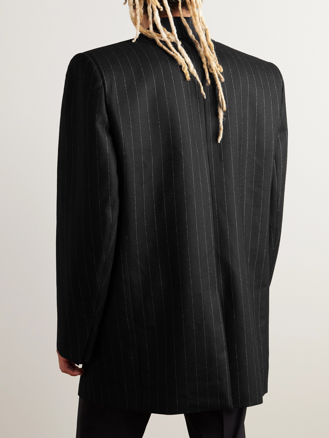 Shop Saint Laurent Silk-trimmed Pinstriped Wool And Cotton-blend Blazer In Black