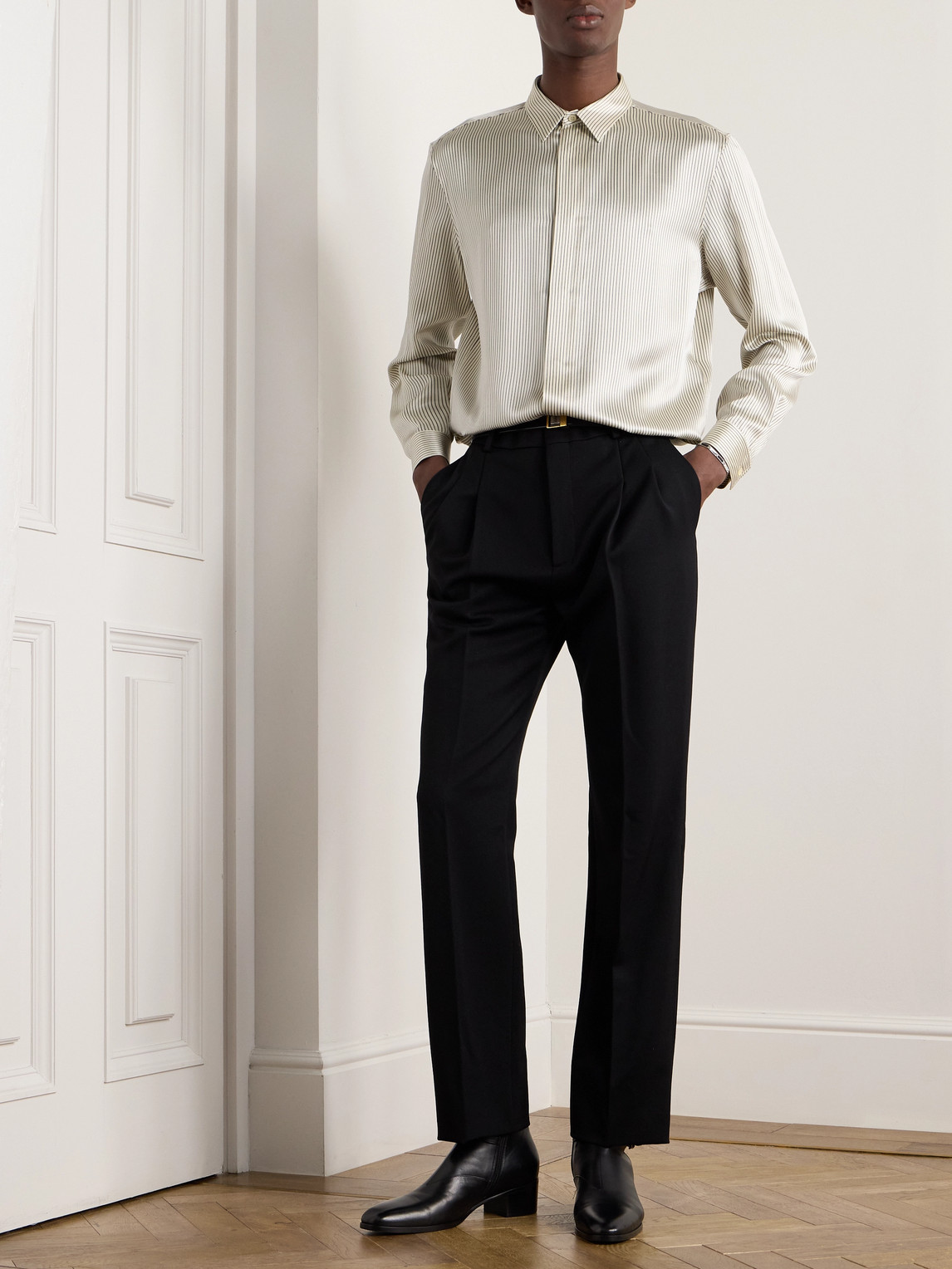 Shop Saint Laurent Wide-leg Pleated Grain De Poudre Wool Trousers In Black