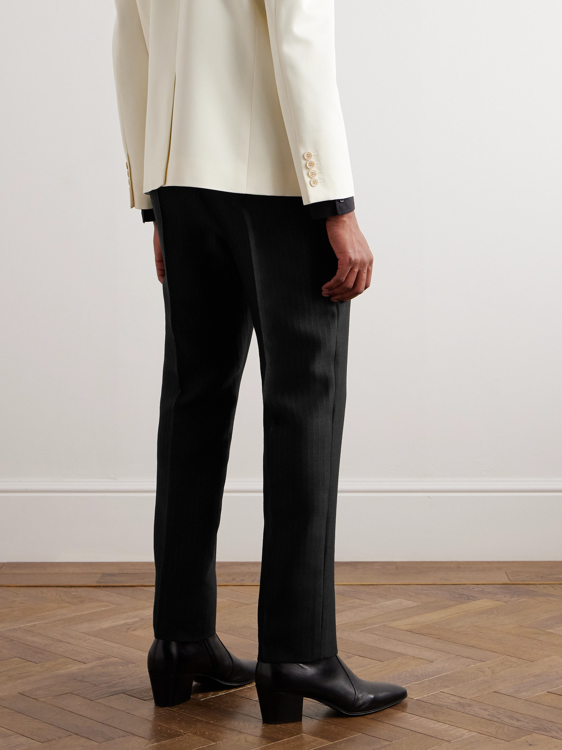 Shop Saint Laurent Straight-leg Pleated Pinstriped Wool And Silk-blend Suit Trousers In Black