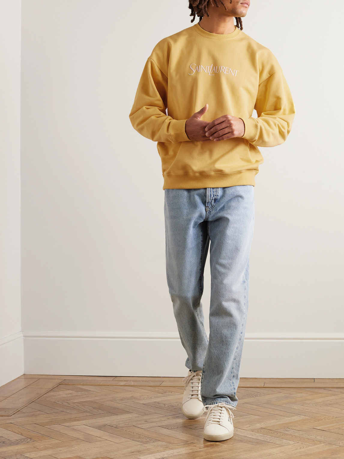 Shop Saint Laurent Logo-embroidered Cotton-jersey Sweatshirt In Yellow