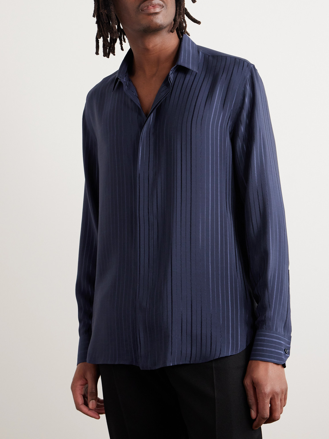 Shop Saint Laurent Striped Silk Shirt In Blue