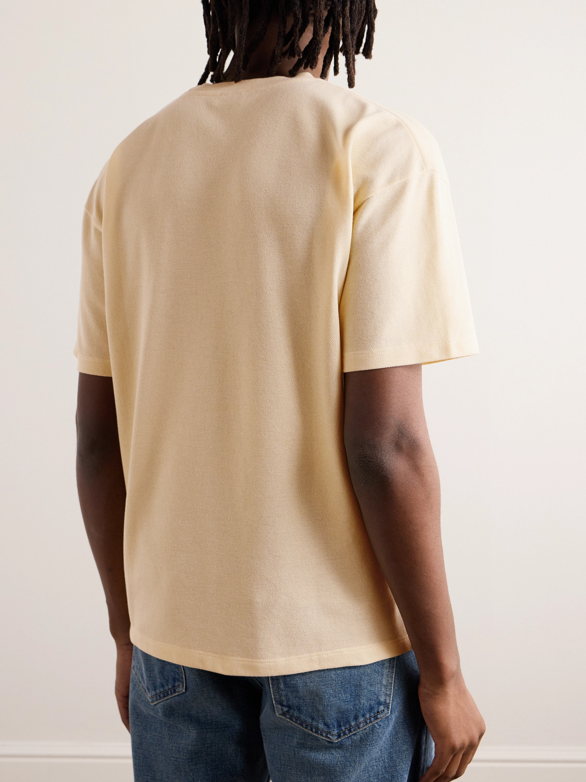 Shop Saint Laurent Logo-embroidered Cotton-piqué T-shirt In Yellow