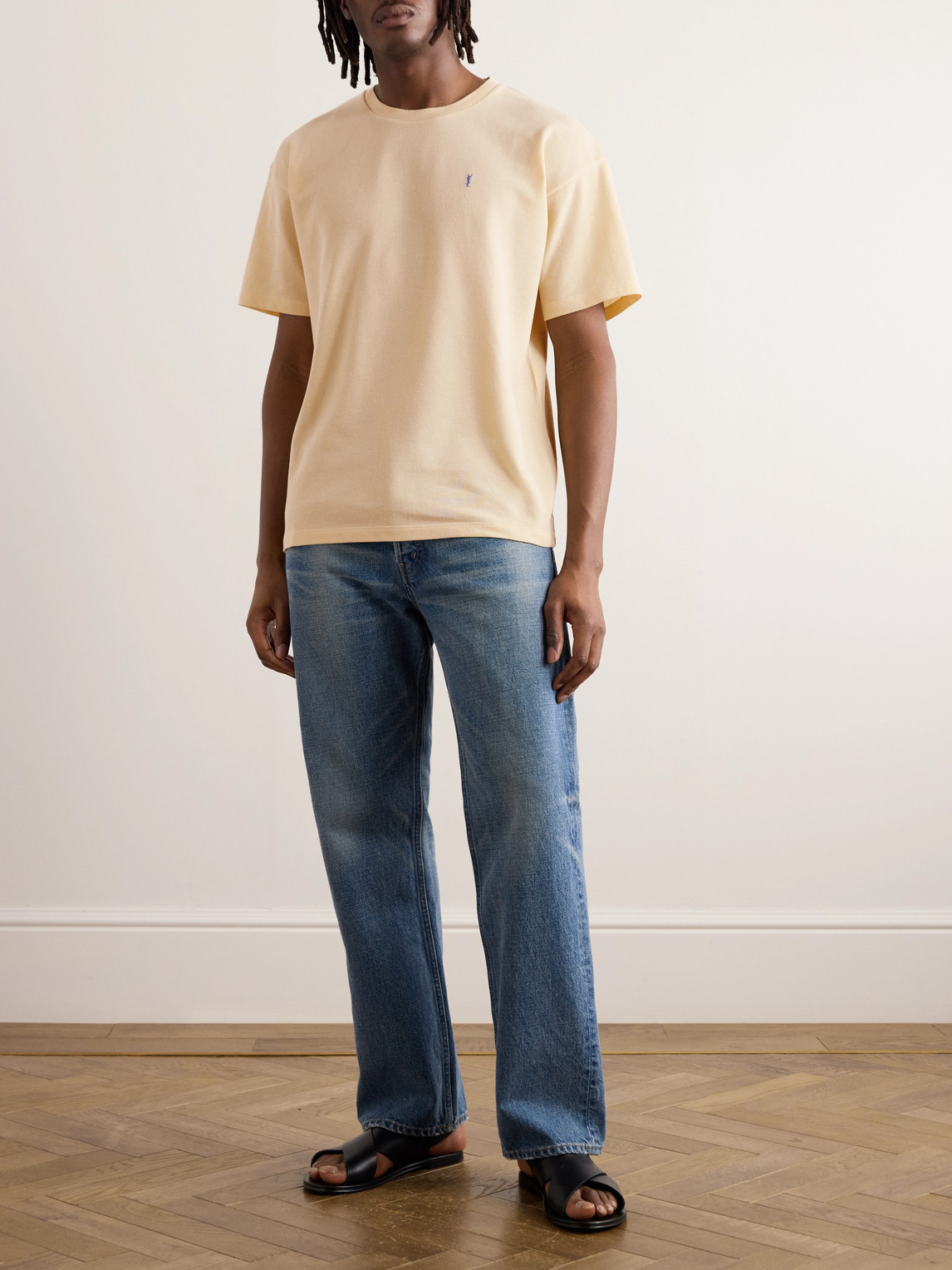 Shop Saint Laurent Logo-embroidered Cotton-piqué T-shirt In Yellow