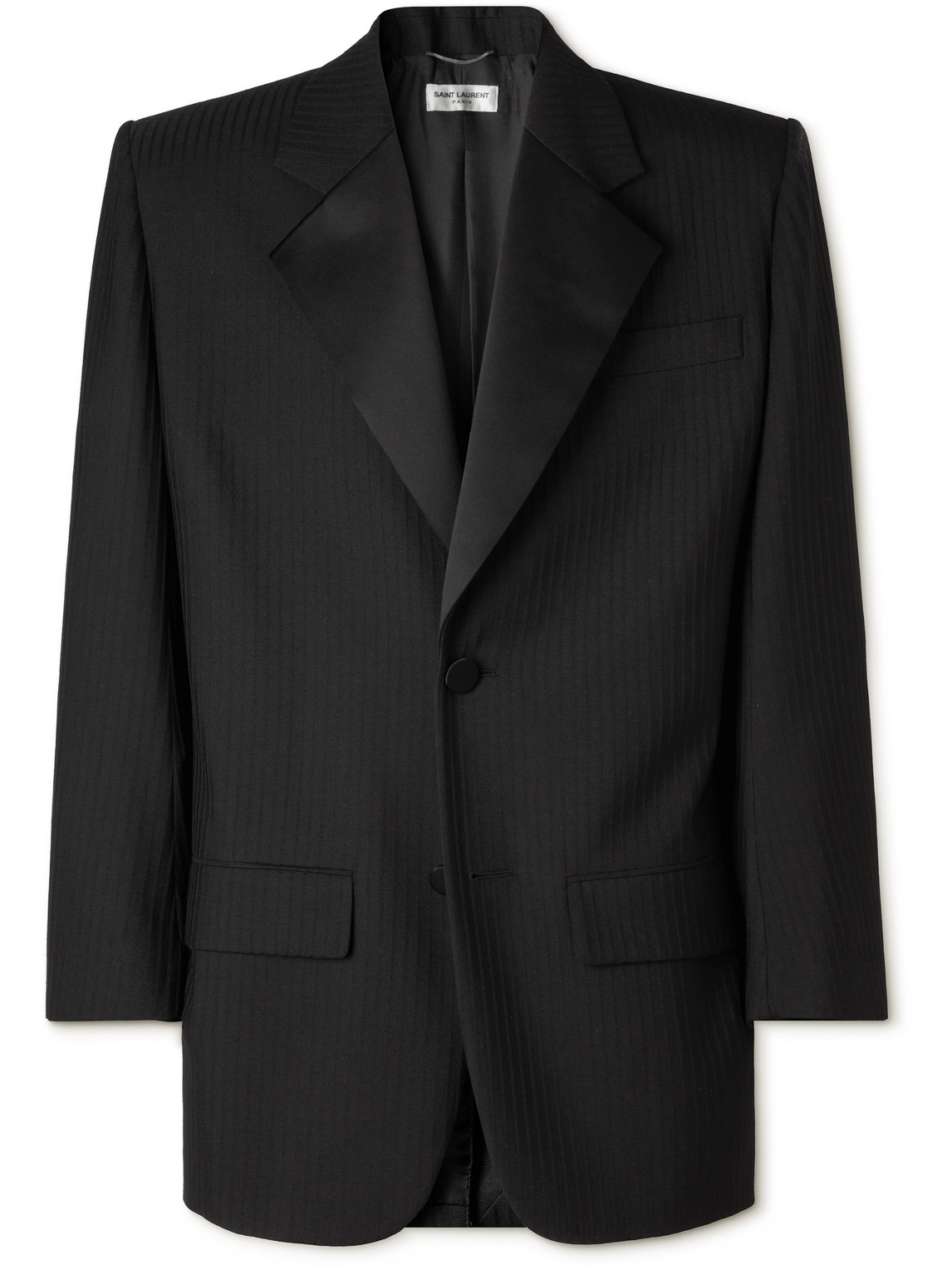 Saint Laurent Grosgrain-trimmed Pinstriped Wool Tuxedo Jacket In Black