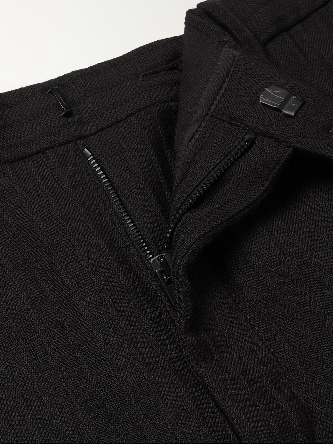Shop Saint Laurent Straight-leg Pleated Silk-trimmed Herringbone Wool Tuxedo Trousers In Black