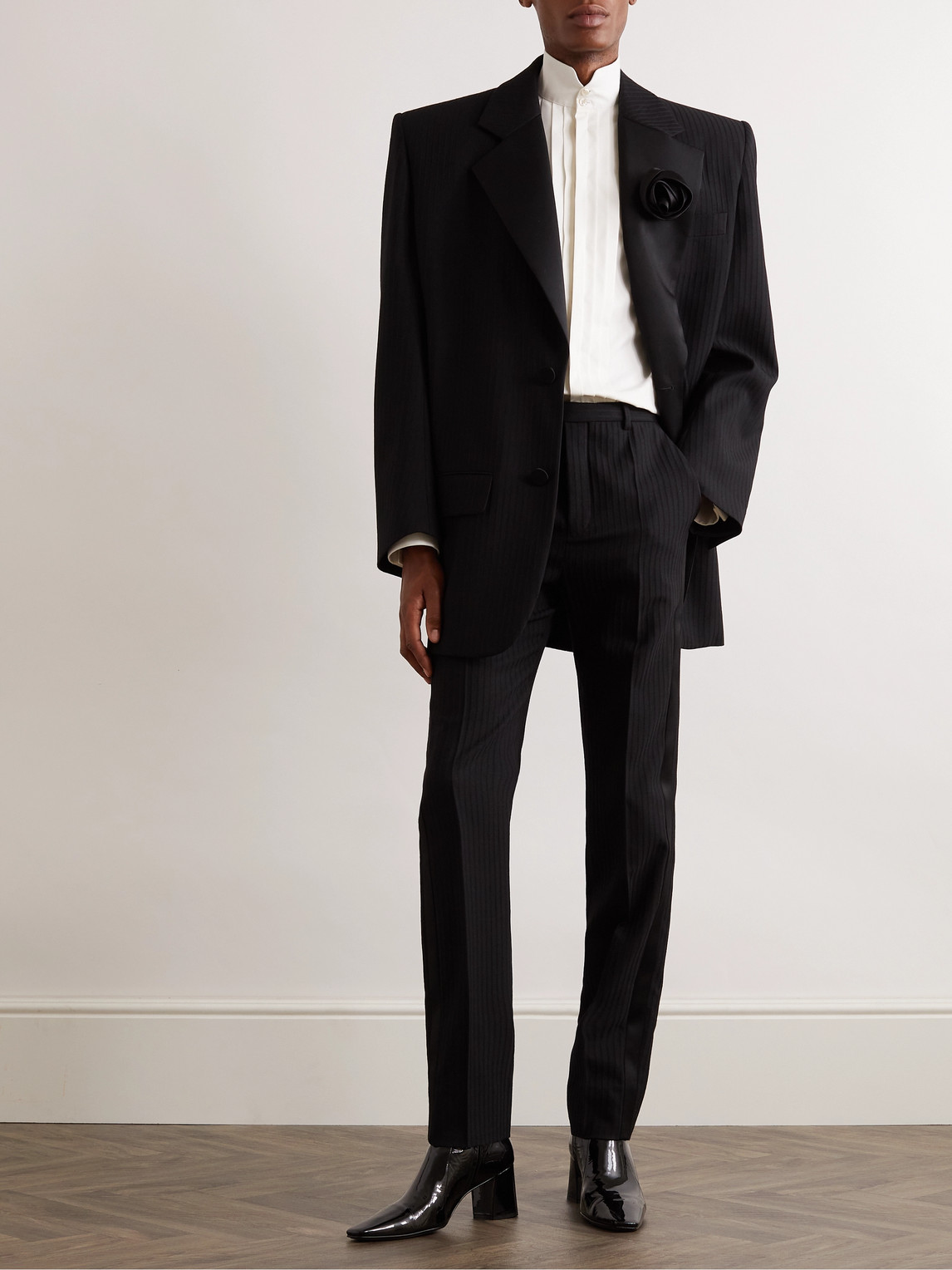 Shop Saint Laurent Straight-leg Pleated Silk-trimmed Herringbone Wool Tuxedo Trousers In Black