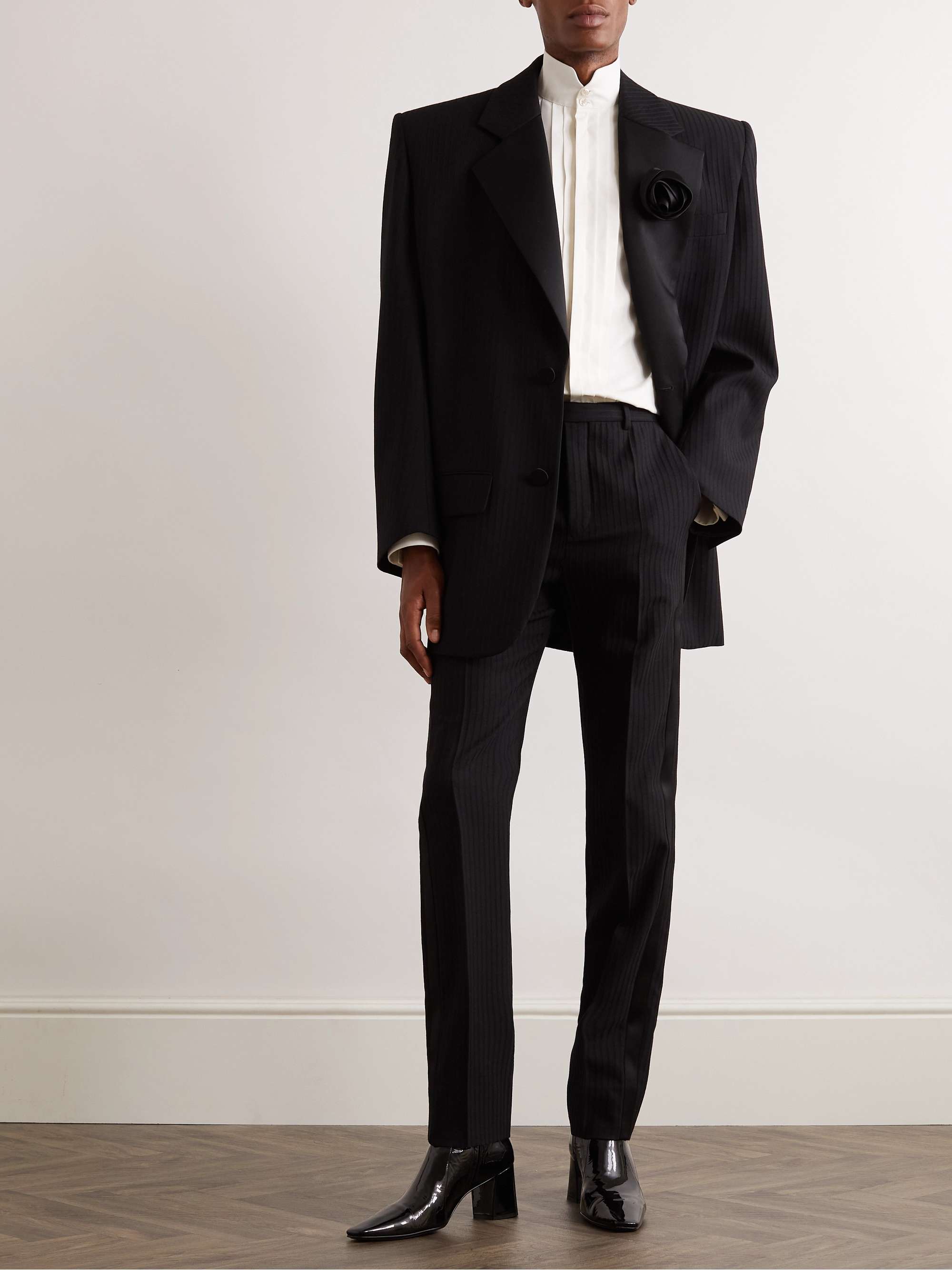 SAINT LAURENT Straight-Leg Pleated Silk-Trimmed Herringbone Wool Tuxedo ...