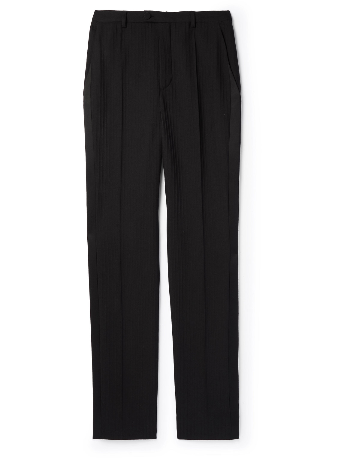 Saint Laurent Straight-leg Pleated Silk-trimmed Herringbone Wool Tuxedo Trousers In Black