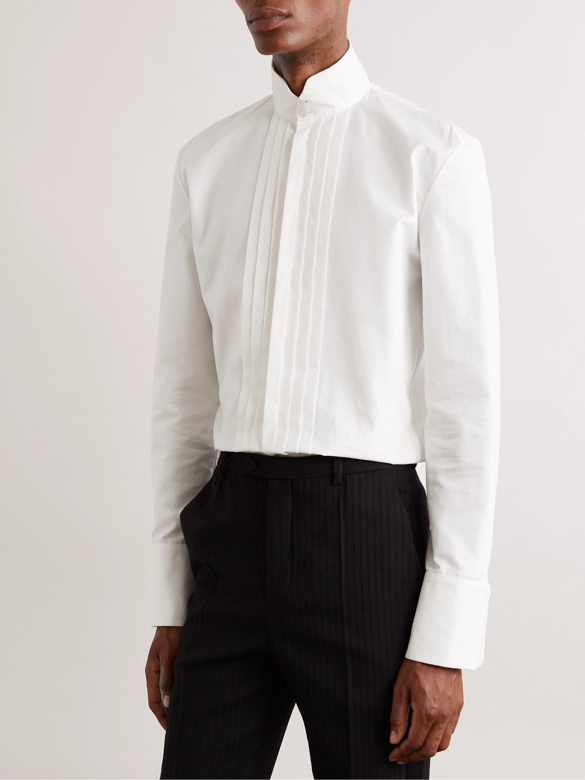 SAINT LAURENT GRANDAD-COLLAR BIB-FRONT COTTON-POPLIN TUXEDO SHIRT