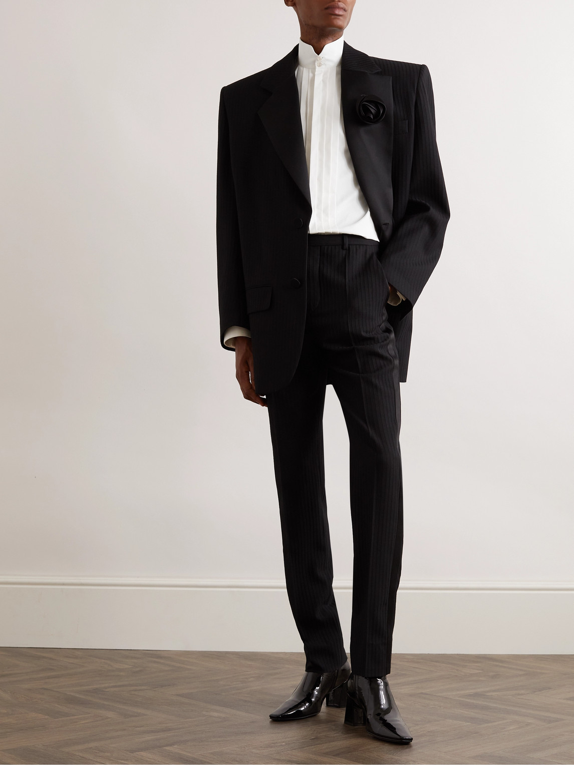SAINT LAURENT GRANDAD-COLLAR BIB-FRONT COTTON-POPLIN TUXEDO SHIRT