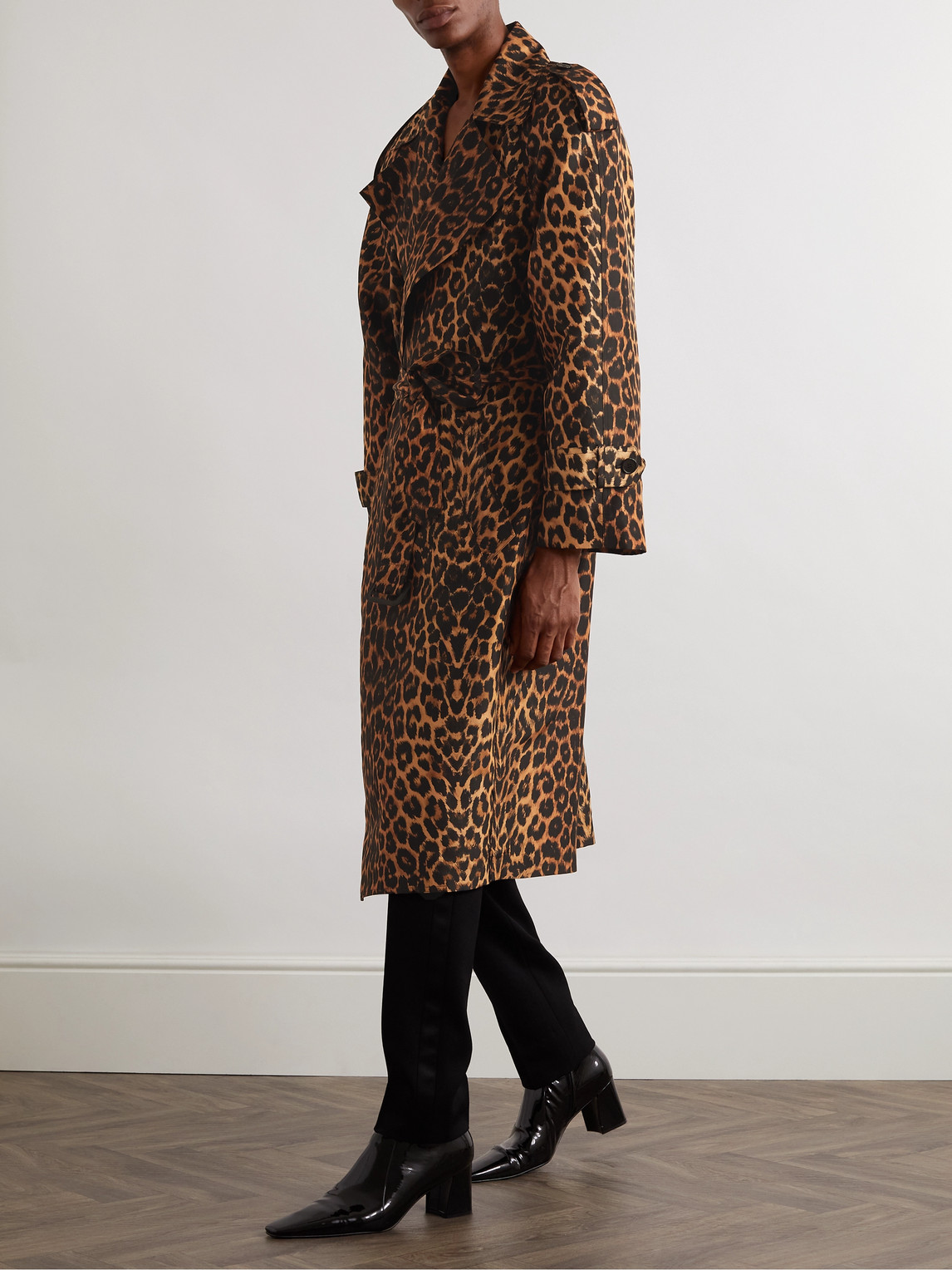 Shop Saint Laurent Leopard-print Silk-voile Trench Coat In Brown