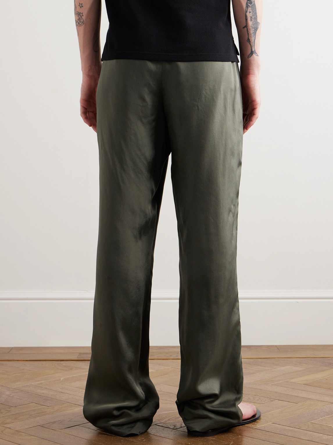 Shop Saint Laurent Straight-leg Satin-twill Trousers In Green