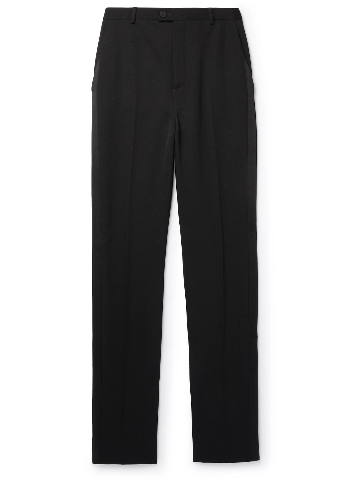 Saint Laurent Tapered Silk-trimmed Grain De Poudre Wool Trousers In Black