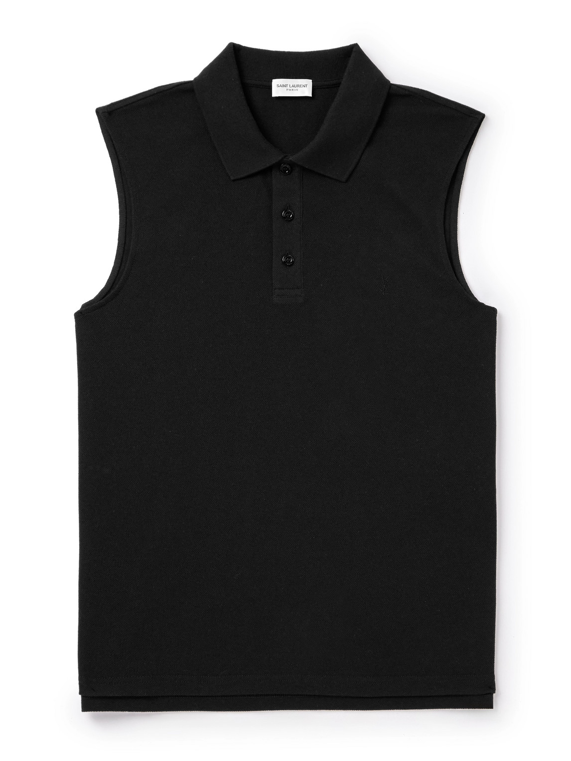 Shop Saint Laurent Sleeveless Cotton-blend Piqué Polo Shirt In Black
