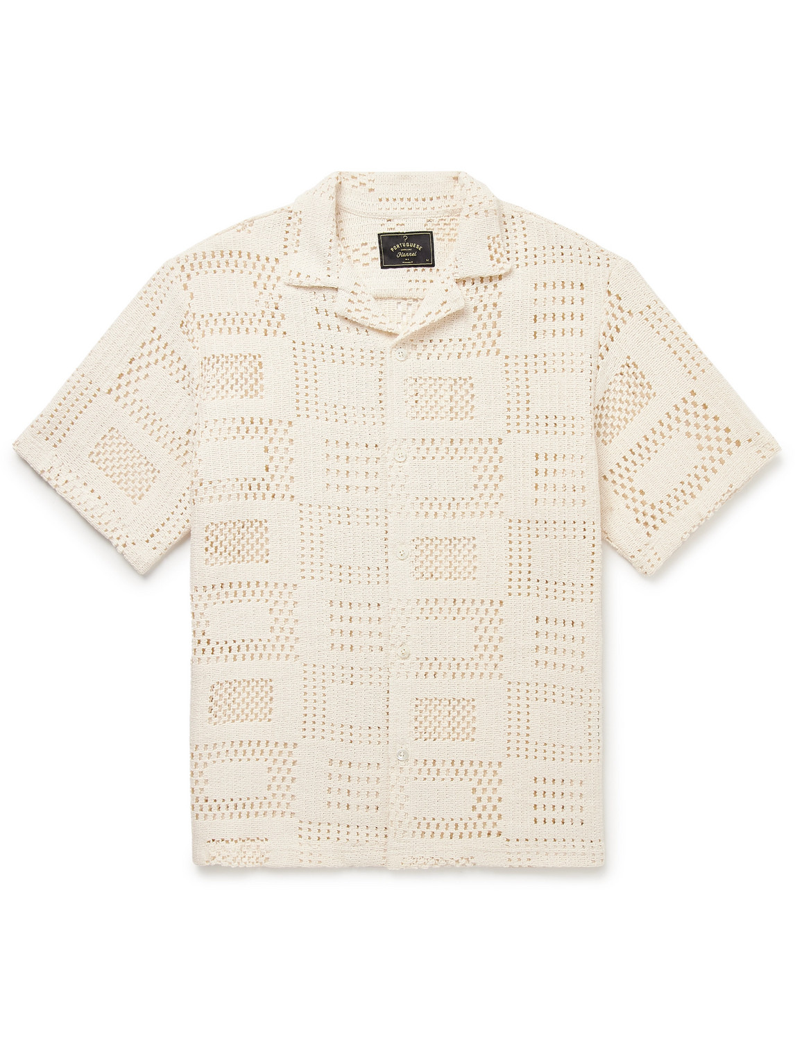 Portuguese Flannel Camp-collar Crocheted Cotton-blend Shirt In Neutrals