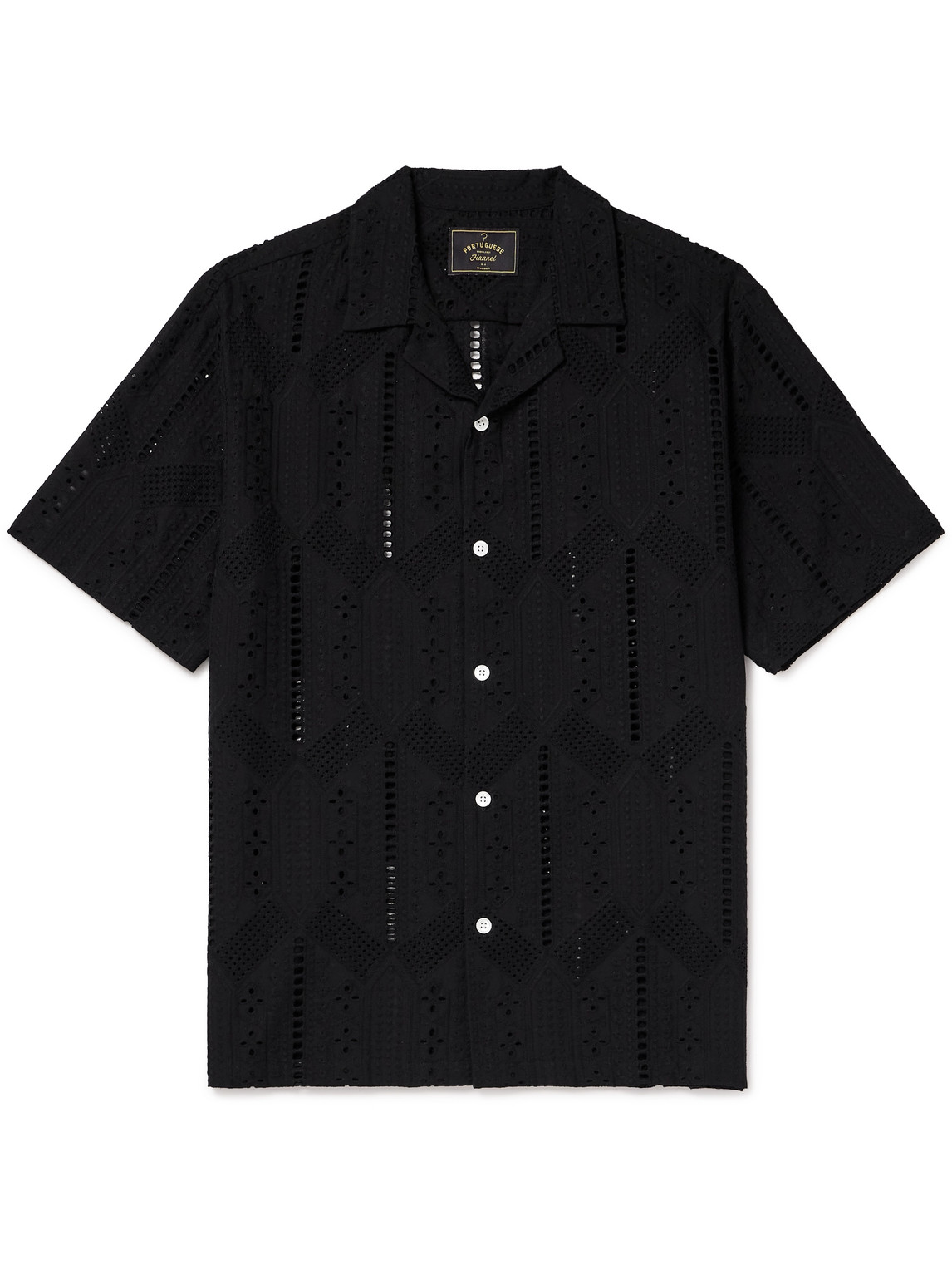 Portuguese Flannel Camp-collar Broderie Anglaise Cotton Shirt In Black