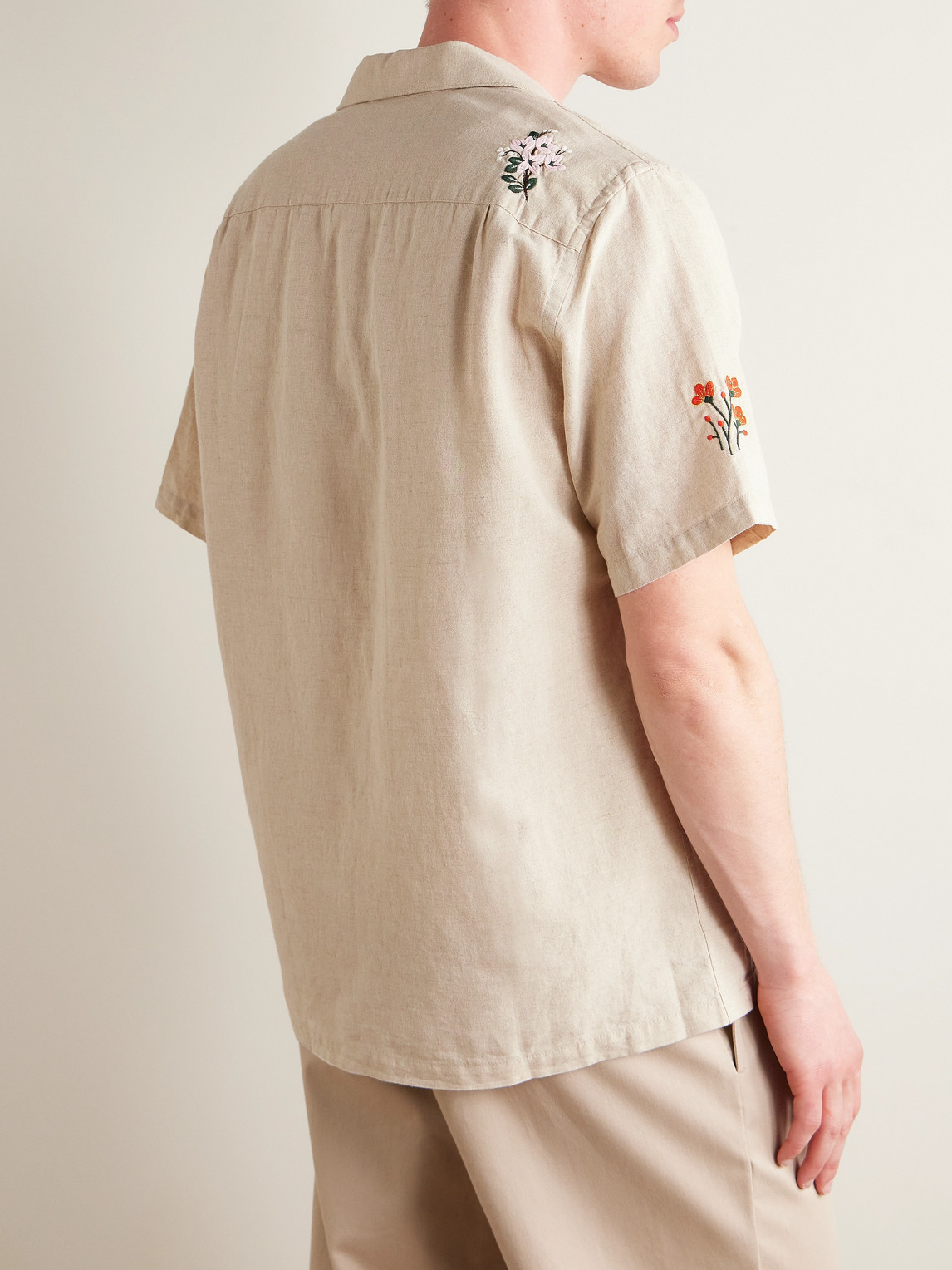 Shop Portuguese Flannel Spring 2 Convertible-collar Embroidered Linen And Cotton-blend Shirt In Neutrals