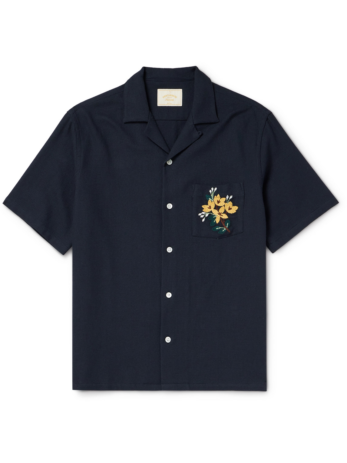 Portuguese Flannel Convertible-collar Embroidered Cotton-piqué Shirt In Blue