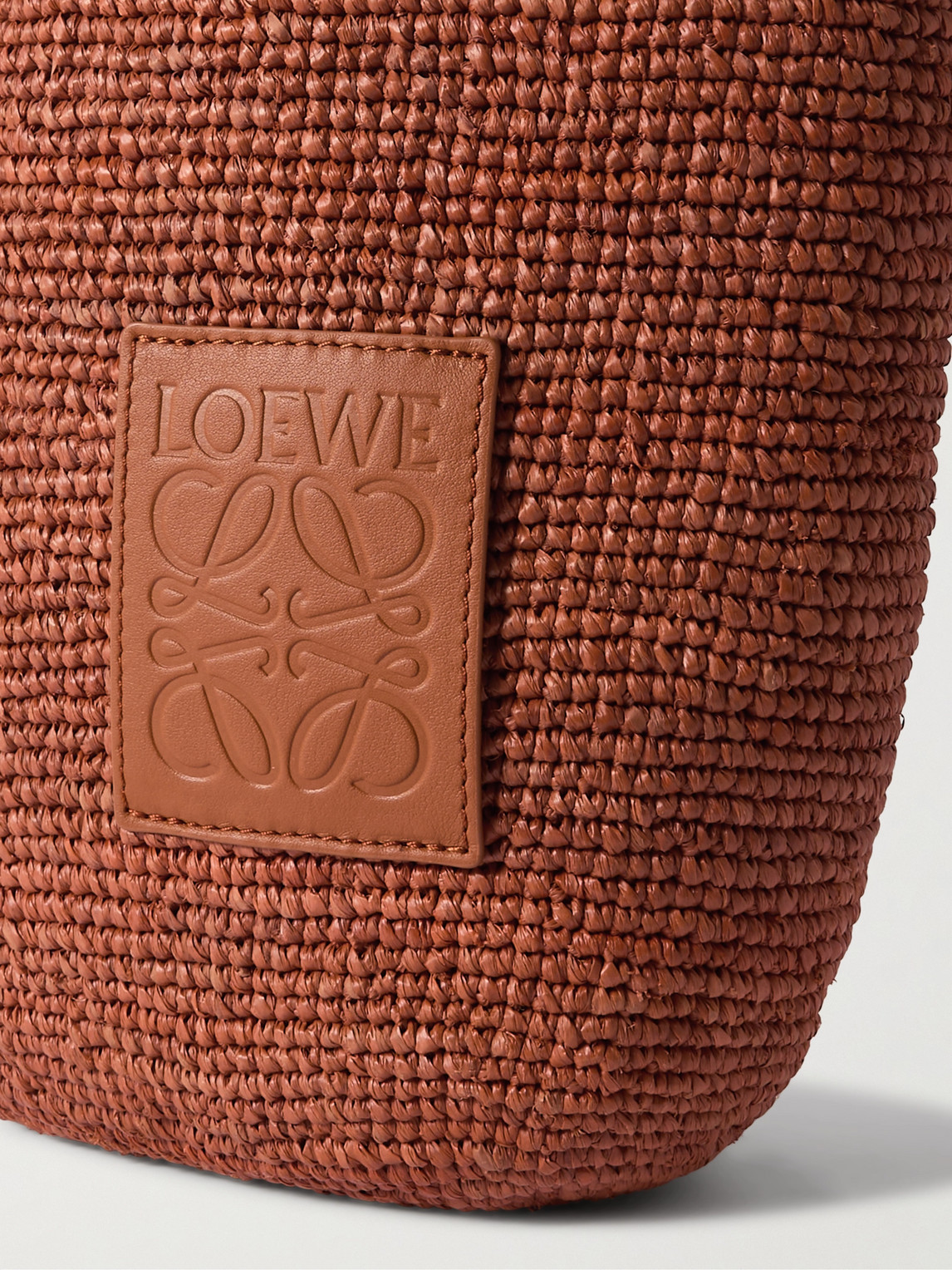 Shop Loewe Paula's Ibiza Mini Logo-debossed Leather-trimmed Raffia Tote Bag In Brown