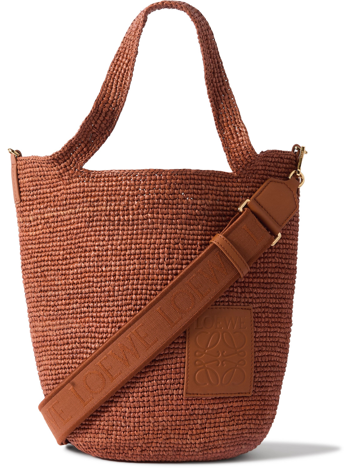 Loewe Paula's Ibiza Mini Logo-debossed Leather-trimmed Raffia Tote Bag In Brown